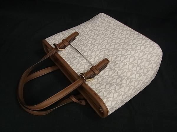 1 jpy # ultimate beautiful goods # MICHAEL KORS Michael Kors MK pattern PVC× leather 2WAY handbag tote bag shoulder eggshell white series × brown group AY1865