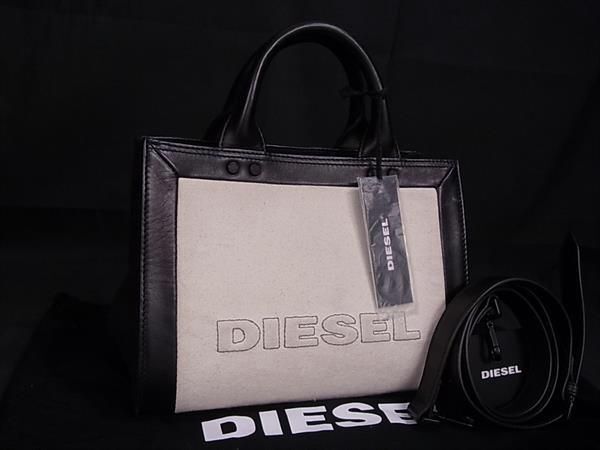 1円 ■美品■ DIESEL ディーゼル キャンバス×レザー 2WAY ハンドバッグ トート ショルダー 斜め掛け 肩掛けかばん ブラック系 FA6080