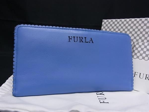 1円 ■美品■ FURLA フルラ レザー 二つ折り 長財布 ウォレット 小銭入れ 札入れ レディース ブルー系 FA6055_画像1