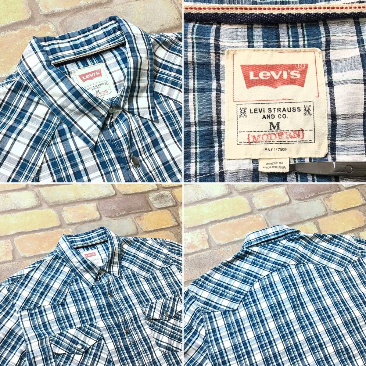 ME6-226★USA買付★状態良好【Levi's リーバイス】パールボタン 長袖 チェック ウエスタンシャツ【メンズ M】青緑 白 長袖シャツ ワークの画像4