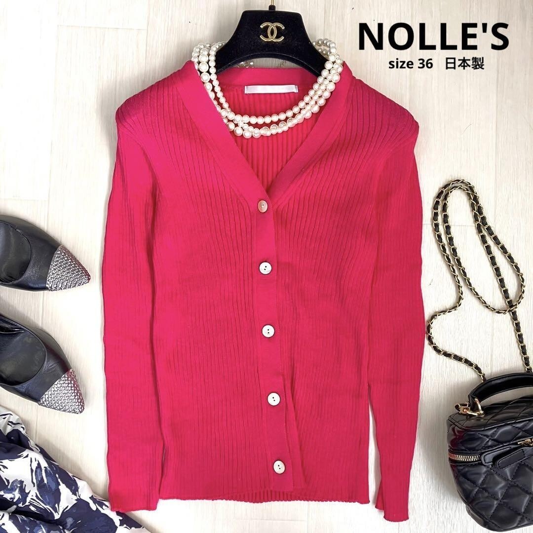 NOLLE\'S Nolley's cardigan 36 size made in Japan pink long sleeve shell button spring cardigan rib knitted 