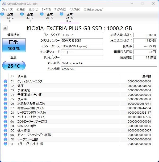KIOXIA EXCERIA PLUS G3 NVMe 1TB 動作確認済 正常判定 使用時間15時間の画像6