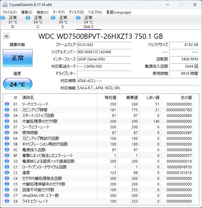 Western Digital WD7500BPVT 750GB HDD 動作確認済 正常判定 使用時間9919時間_画像3