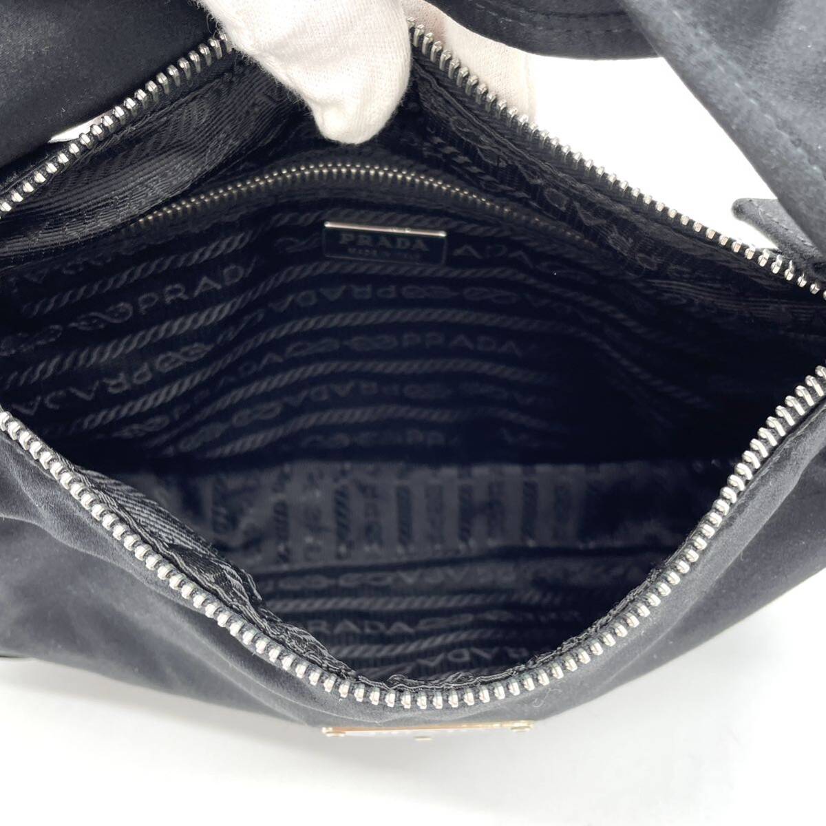 1円 極美品 PRADA プラダ サテン ナイロン ブラック 黒 ハンドバッグ ワンショルダー ロゴプレート SV金具