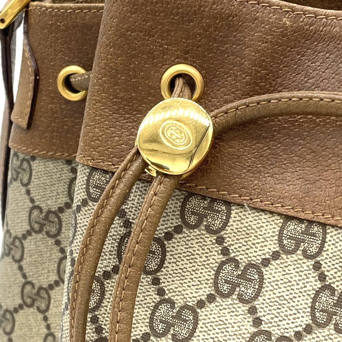 1円 外観極美品 GUCCI オールドグッチ シェリーライン GG柄 巾着ショルダー ショルダーバッグ ブラウン インターロッキングG ゴールド金具の画像6