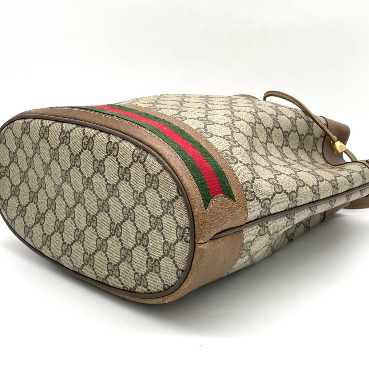 1円 外観極美品 GUCCI オールドグッチ シェリーライン GG柄 巾着ショルダー ショルダーバッグ ブラウン インターロッキングG ゴールド金具の画像4