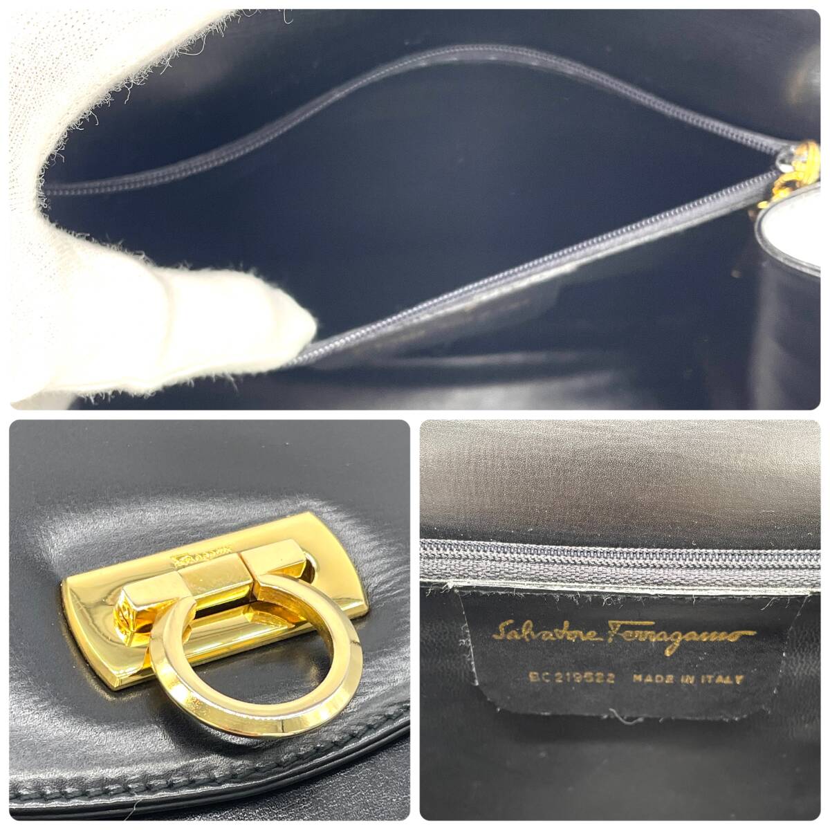 1 jpy beautiful goods Salvatore Ferragamo Ferragamo gun chi-ni car f leather 2way shoulder bag handbag black Gold metal fittings 