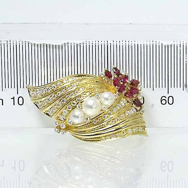 アコヤパール 4.7mm～6.1mm ルビー 1.60ct ダイヤモンド 1.16ct 18金イエローゴールド K18YG ブローチ 真珠 パール_画像5