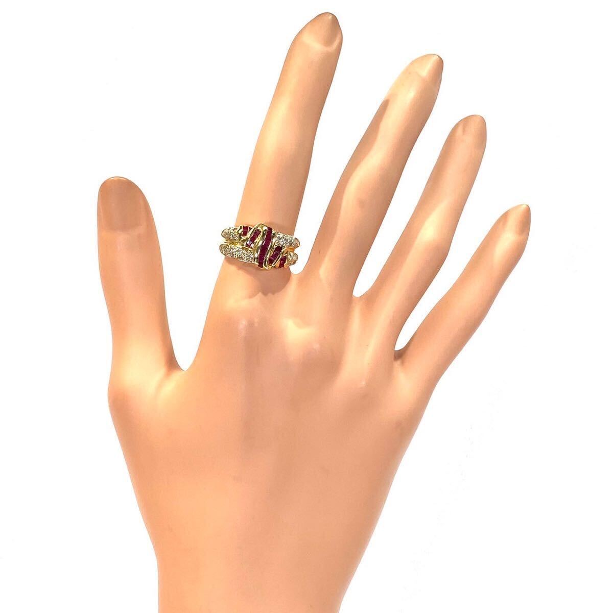 ★1円スタ!超豪華デザイン！鑑定付【0.90ct&0.33ct】K18YG 6.5g ♯13 イエローゴールド 天然ルビー ダイヤモド Ruby Diamond Ring 指輪の画像7