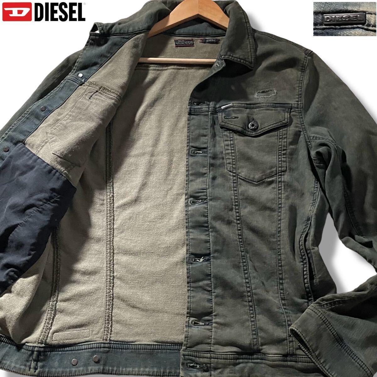 美品/XLサイズ●DIESEL ディーゼル オイル加工 デニムジャケット Gジャン ジョグ jogg ストレッチ ヴィンテージ加工 ダメージ風 ロゴ金具の画像1