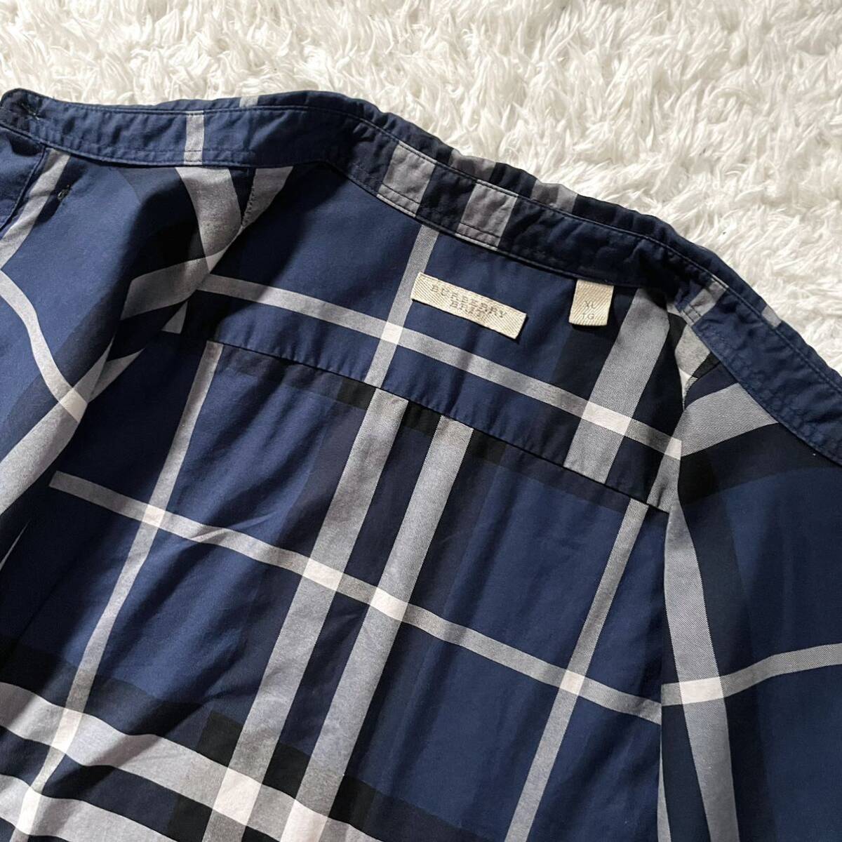 極美品/XLサイズ●バーバリー ブリット ノバチェック 長袖シャツ コットン BURBERRY BRIT メガチェック 総柄 ネイビーブルー 春夏秋_画像7