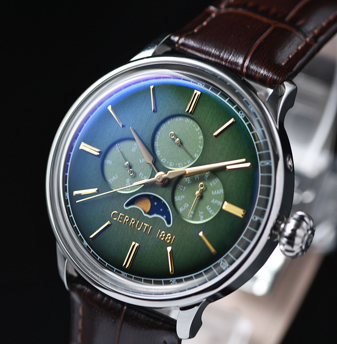 新品 チェルッティCERRUTI1881 クラシカルなムーンフェイズ 高級イタリアブランド セルッティ グリーン超激レア日本未発売 メンズ腕時計の画像5