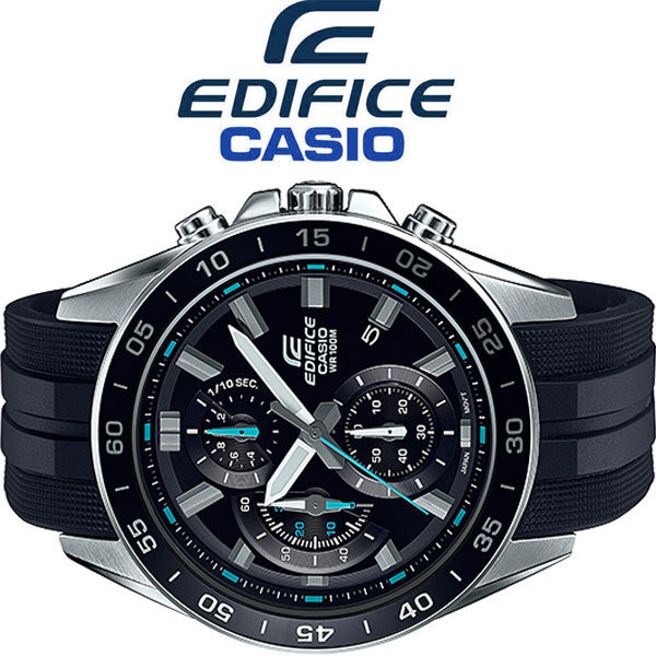 カシオ逆輸入EDIFICEエディフィス欧米モデル精悍ブラック＆ブルー100m防水 クロノグラフ 腕時計 新品 未使用 CASIO メンズ 本物の画像3