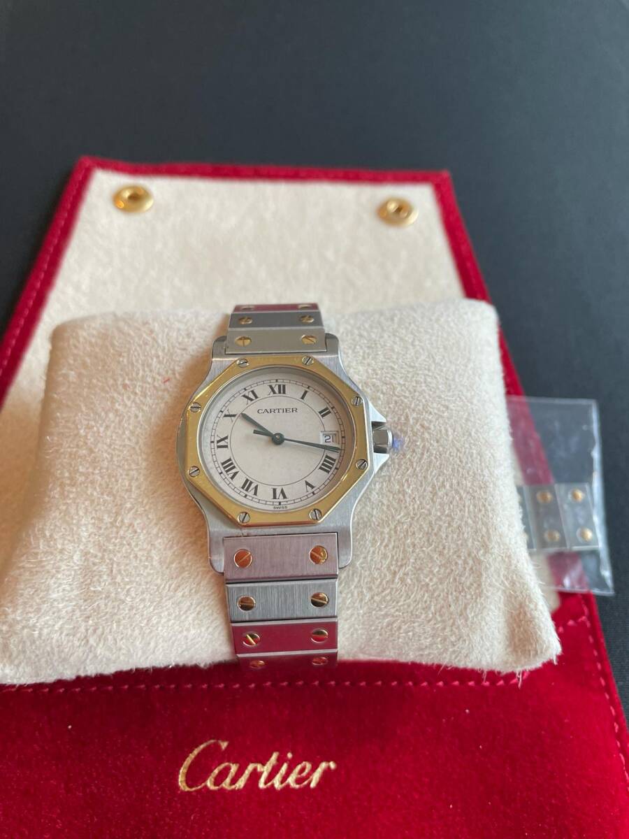カルティエ Cartier サントスオクタゴンLM コンビ 腕時計 デイト アイボリー クォーツ Santos octagon の画像9