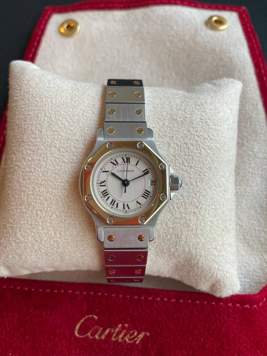 カルティエ Cartier サントスオクタゴンSM コンビ 腕時計 デイト アイボリー クォーツ Santos octagonの画像1