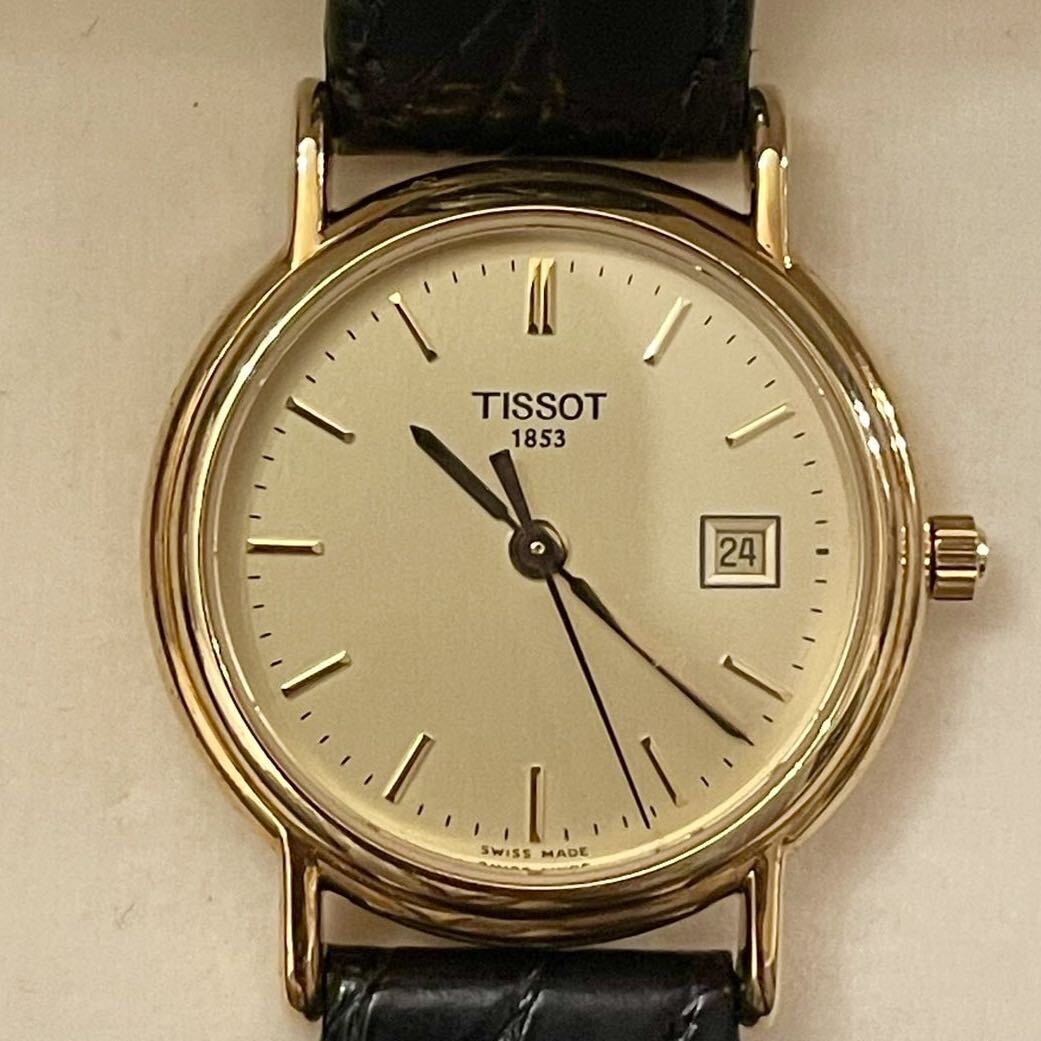 【18K 750 刻印】総重量 22.4g TISSOT ティソ 1853 ラウンド ゴールド文字盤 デイト 純正 ベルト 尾錠 レディース 腕時計 K18 金 美品 1円の画像6