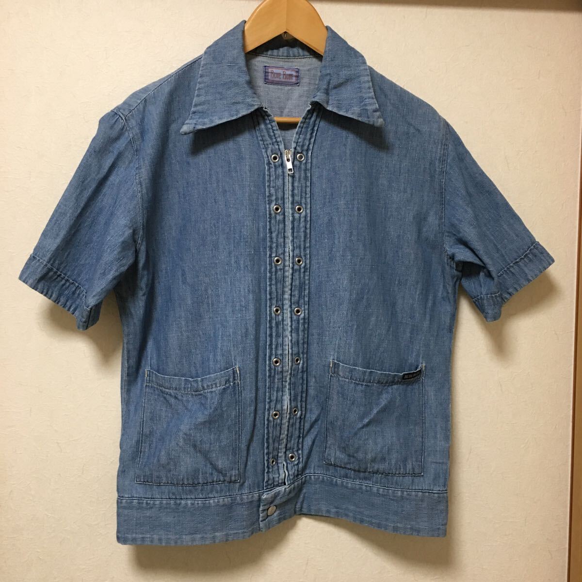 送料込 日本製 BLUE BLUE ハリウッドランチマーケット 半袖 ジップフロント シャツジャケット USED 聖林公司 ハリラン HRM made in JAPANの画像1