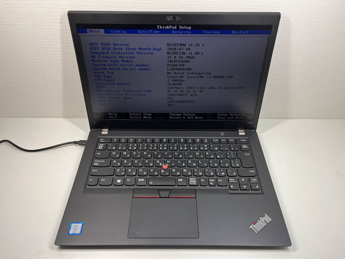 Lenovo Thinkpad T480s i7-8650u/16gb FHD ノートパソコン BIOS-OK 綺麗 300G
