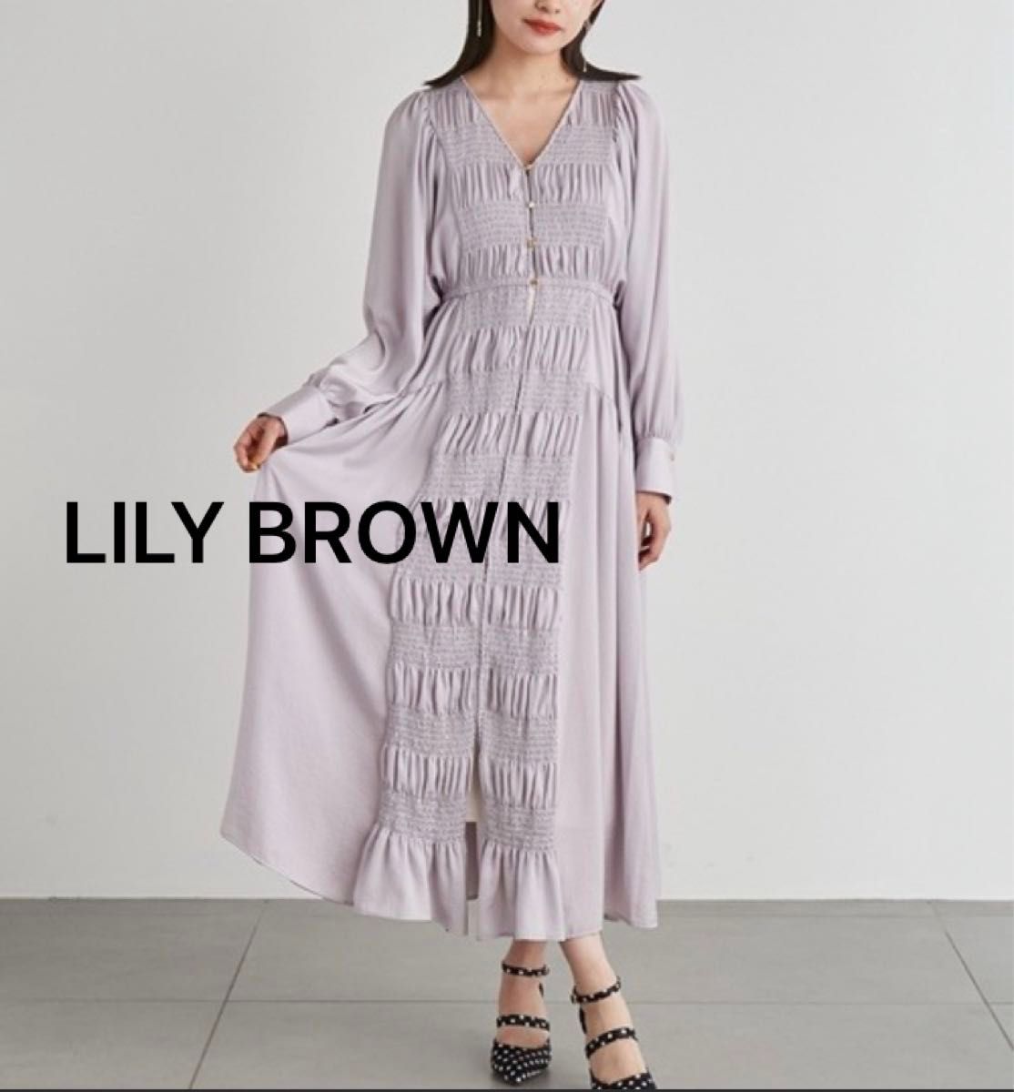 ★LILY BROWNシャーリング切替ロングワンピース　ラベンダー　 ワンピース ロング 長袖　ロング　マキシ丈　春コーデ