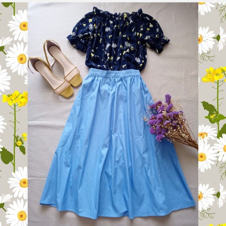 ◆新品同様★GU 爽やかなブルーのコットン ギャザー スカート *S~M位