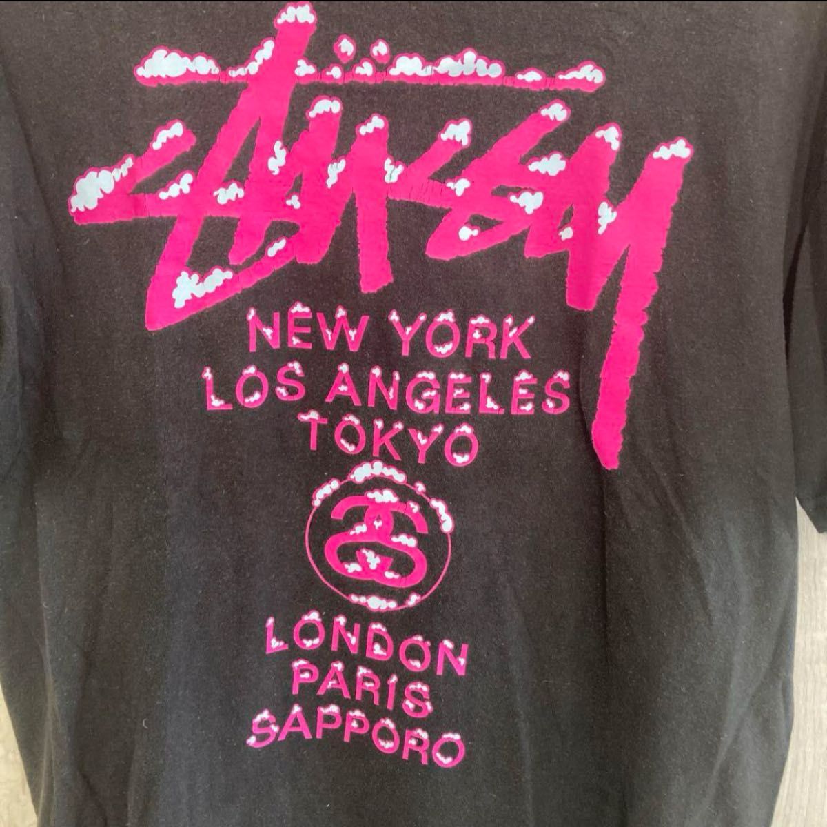 希少★STUSSY★ステューシー★ワールドツアー限定Tシャツ★雪スノービッグロゴ 黒 ブラック ロゴプリント　サイズL オールド