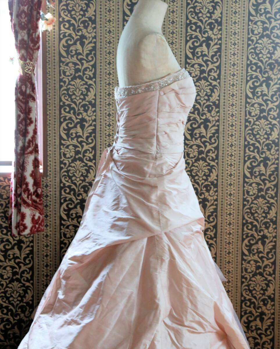 シルク100％タフタの高級ウエディングドレス7号9号S~Mサイズピンクカラードレス編み上げ調節可能_画像4