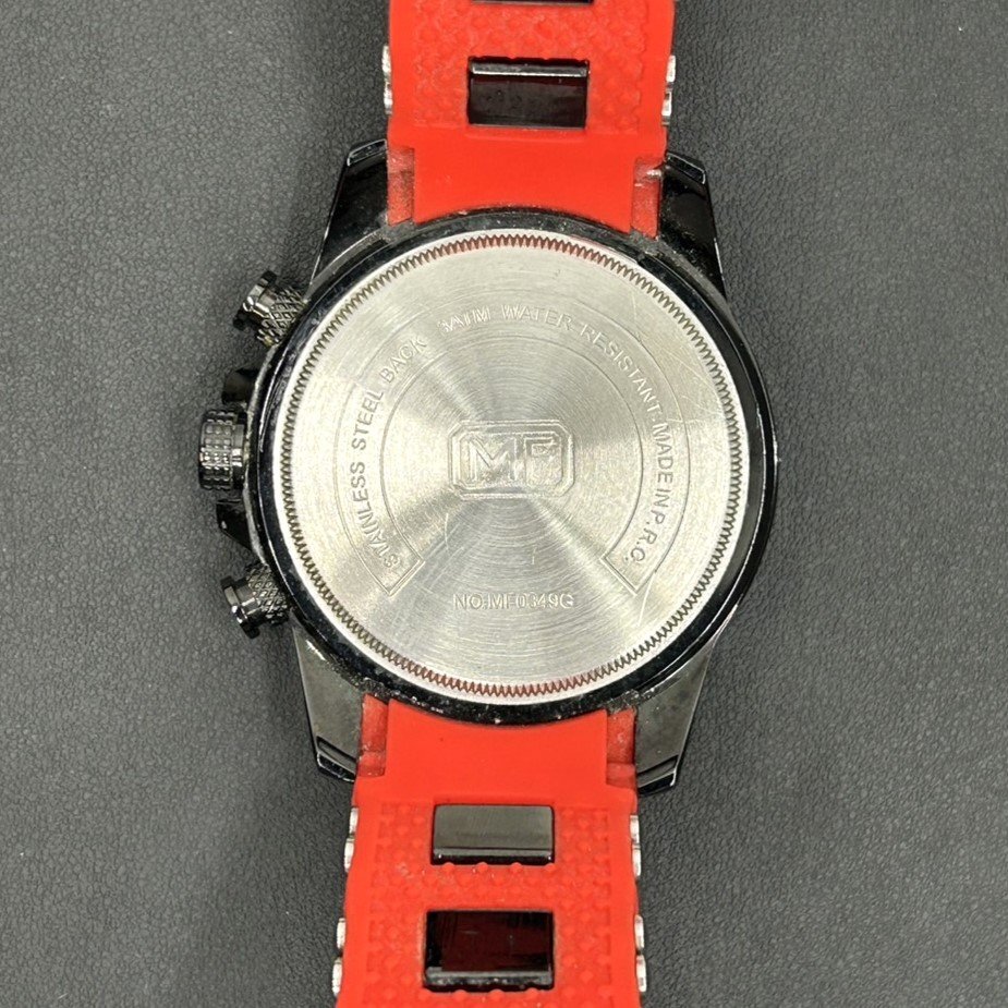 [9304-013] MINI FOCUS クロノグラフ クオーツ MF 電池交換済 ストップウォッチ 日付 カレンダー ラバー ベルト レッド 中古 腕時計 メンズの画像8