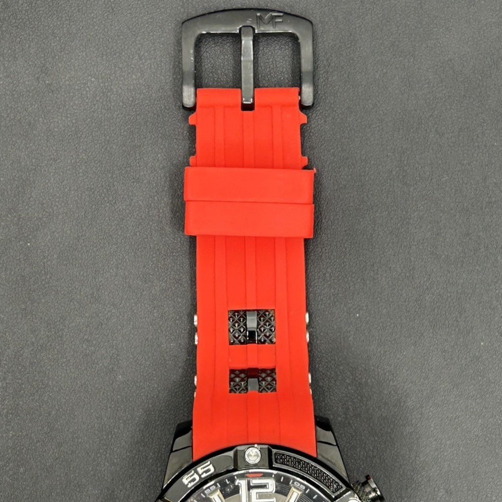[9304-013] MINI FOCUS クロノグラフ クオーツ MF 電池交換済 ストップウォッチ 日付 カレンダー ラバー ベルト レッド 中古 腕時計 メンズの画像6