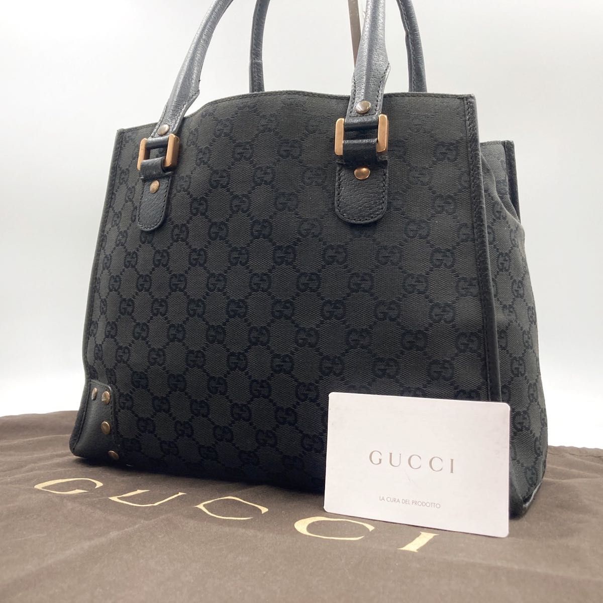 【美品】 グッチ GUCCI トートバッグ ハンドバッグ GGキャンバス スタッズ ブラック 黒 肩掛け A4 通勤 通学 OL