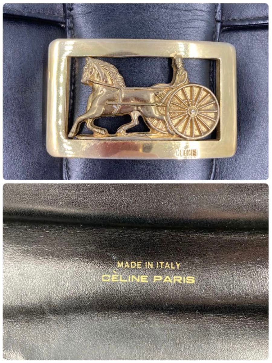 極美品 セリーヌ ショルダーバッグ 馬車金具 ゴールド金具 ブラック ポシェット 肩掛け トリオンフ 刻印 型押し ビンテージ