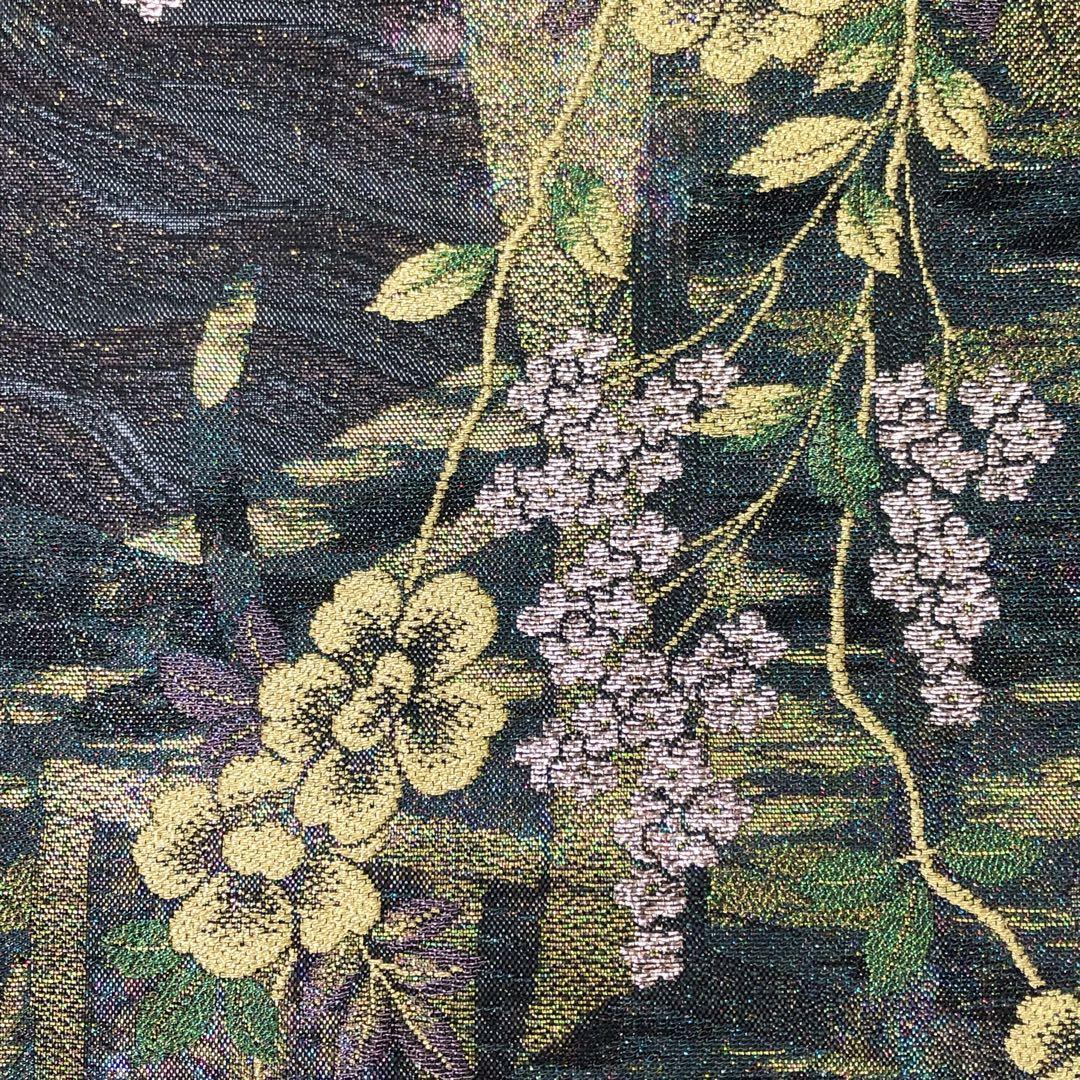 袋帯 桜の花と波模様 オーロラ箔 金糸 黒色 O-3450_画像3