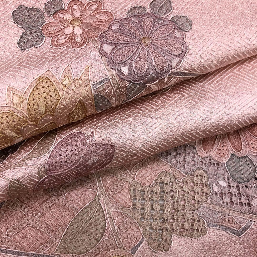 付下げ 汕頭刺繍 相良刺繍 美しい花柄模様 曙色 トールサイズ K-3668_画像10