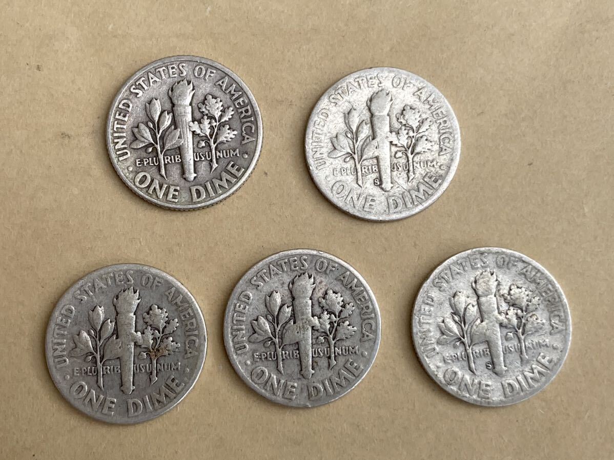 1円スタート アメリカ銀貨 10セント 5枚セット ルーズベルト 1963年以前の画像2