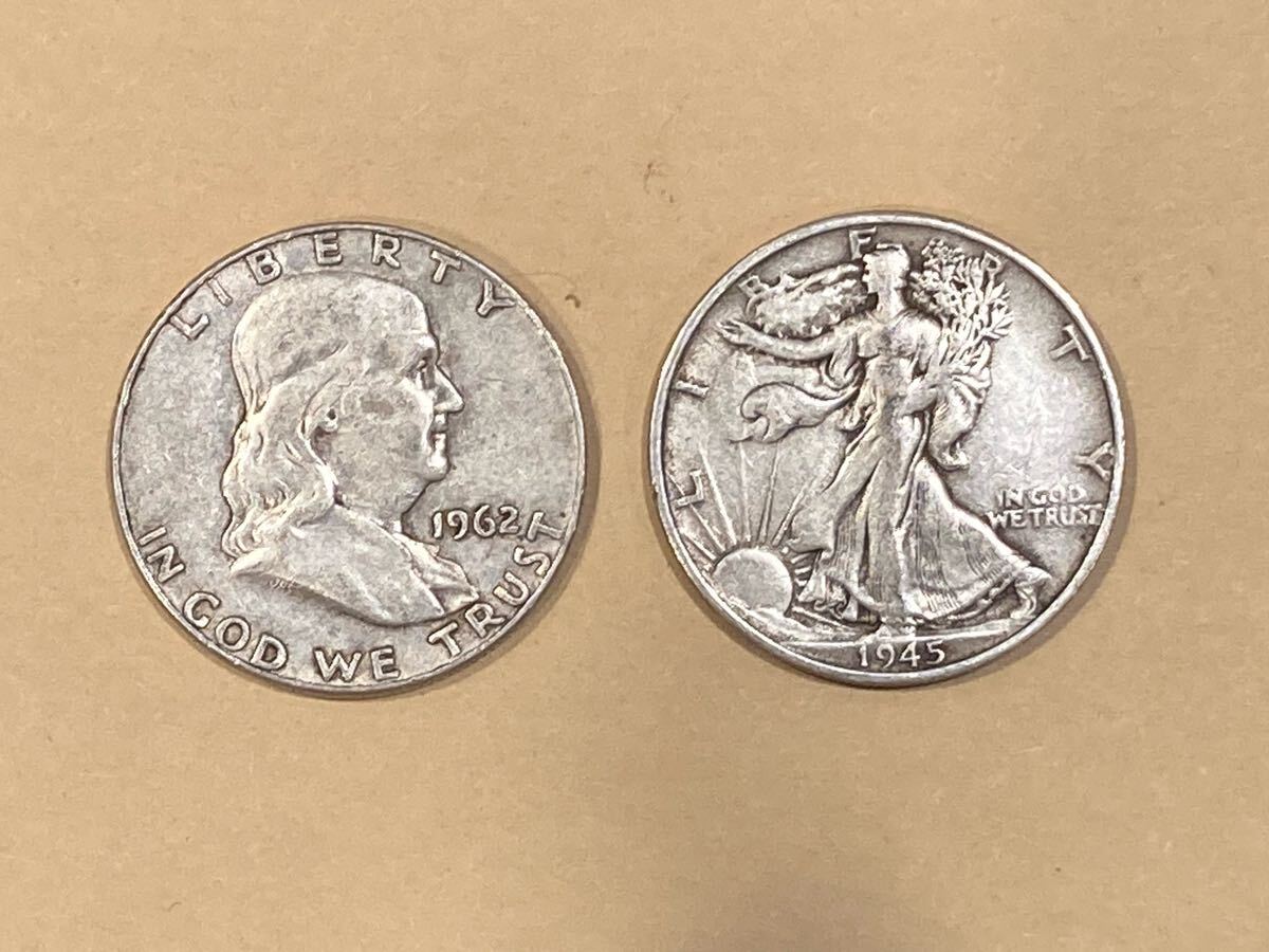 1円スタート アメリカ銀貨 ハーフダラー ウォーキングリバティー1945 フランクリン1962 2枚セットの画像1