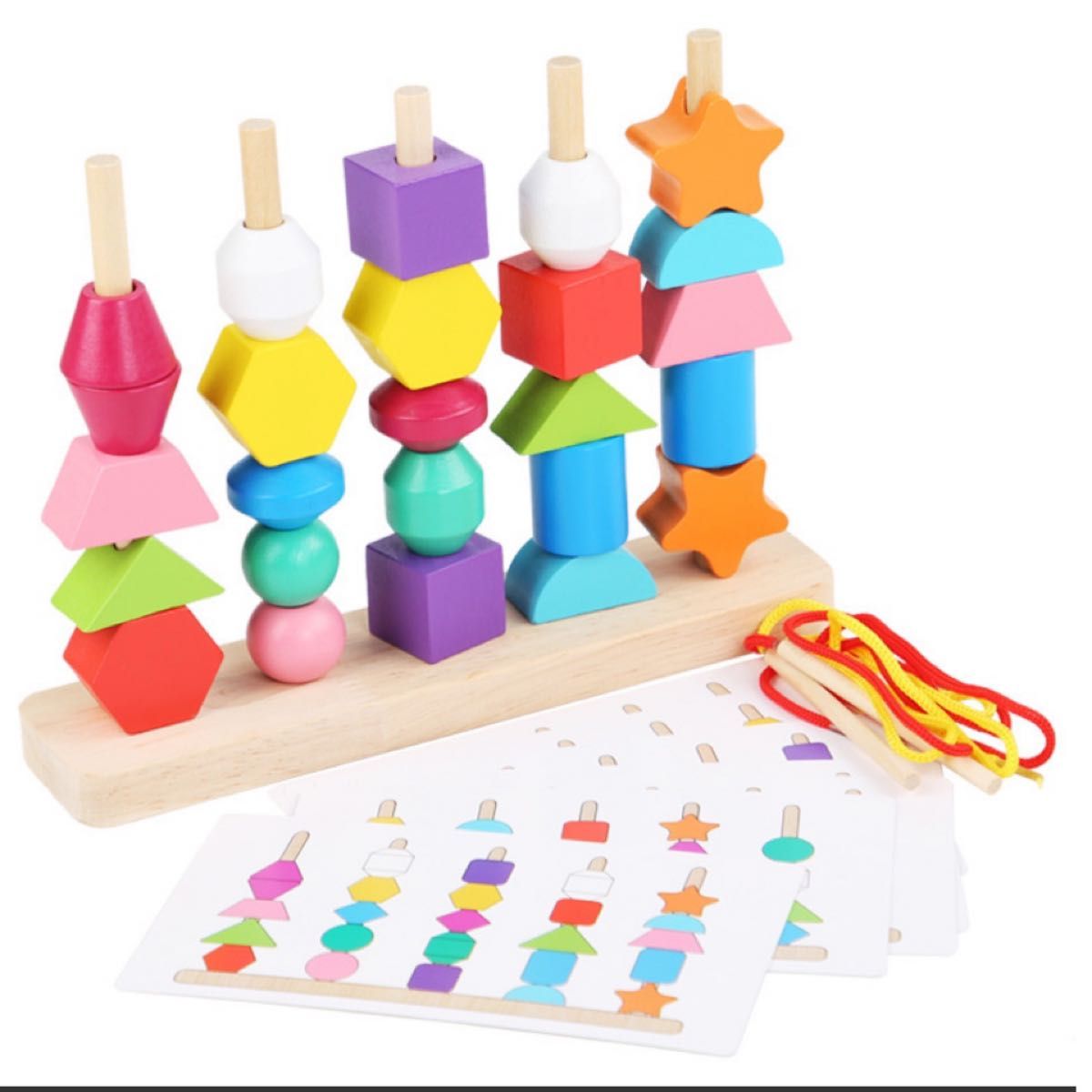 木製積み木　モンテッソーリ玩具　知育玩具　紐通し玩具　木製ビーズ　木の玩具　積み木　木製積み木　幼児教育　キッズパズル 知育 