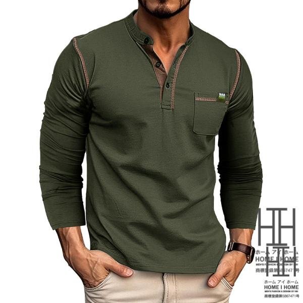 XL グリーン tシャツ メンズ 長袖 胸ポケット Vネック ヘンリーネック ボタン留め ワンポイント バンドカラー ロンt ロングtシャツの画像1