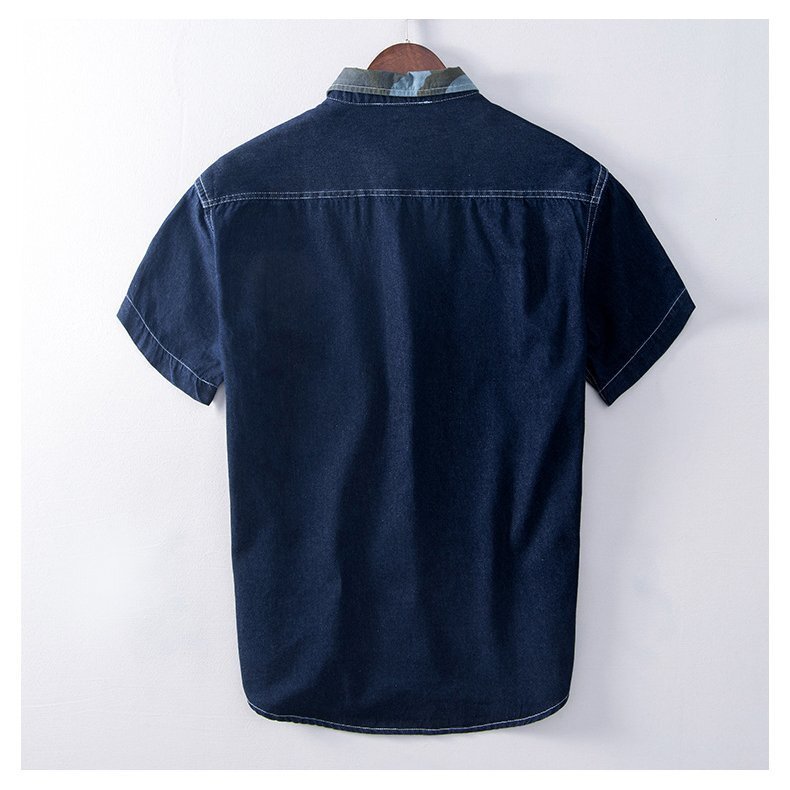 L ネイビー デニムシャツ メンズ 半袖 ポケット付き 切り替え 迷彩柄 ミリタリー系 コットン ワークシャツ カジュアルシャツ 夏服の画像2