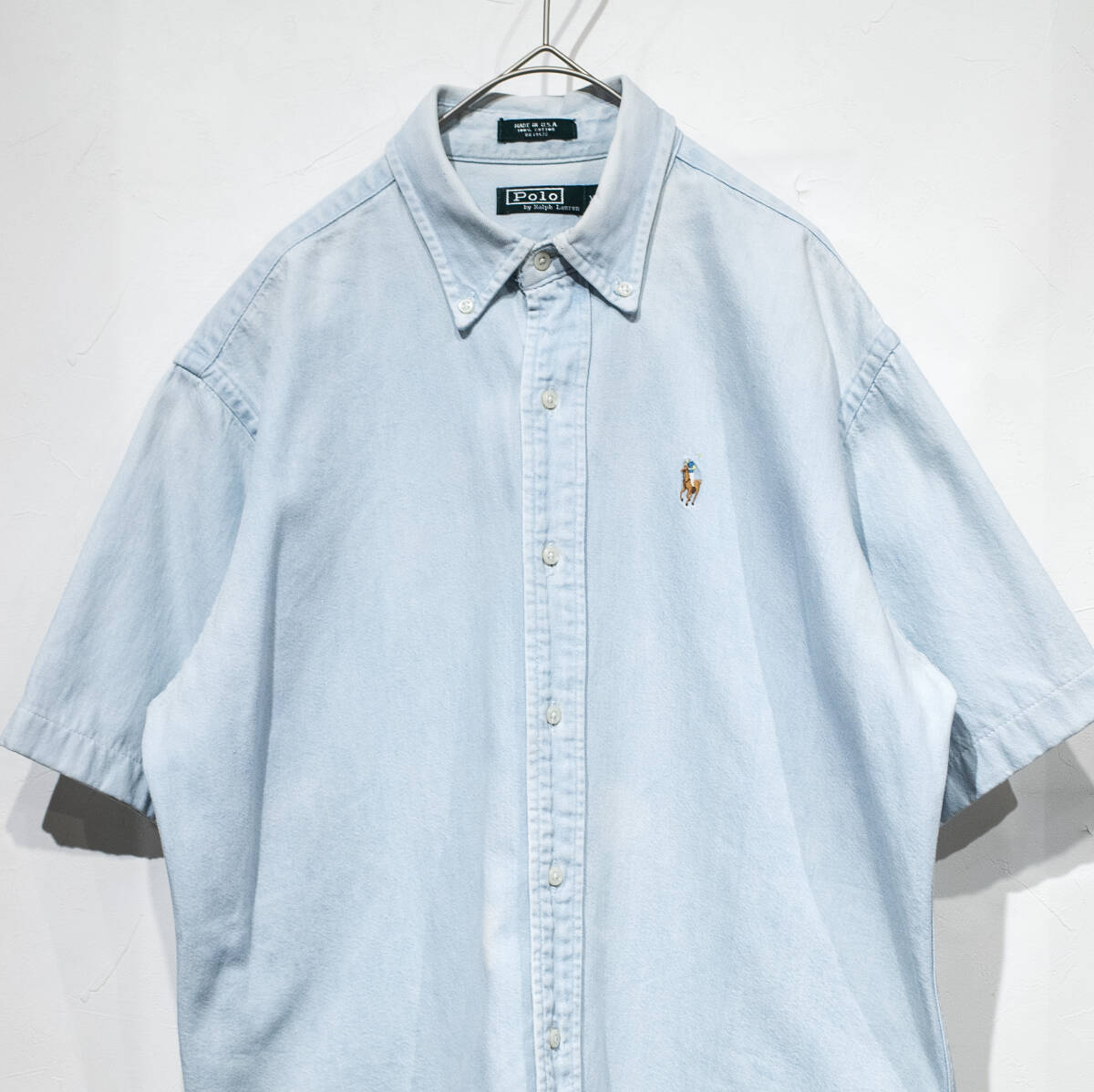 【USA製】XL（L位）/ 80年代 POLO RALPH LAUREN オールド ポロ ラルフローレン 緑タグ ビンテージ デニム ボタンダウン 半袖シャツ ブルー