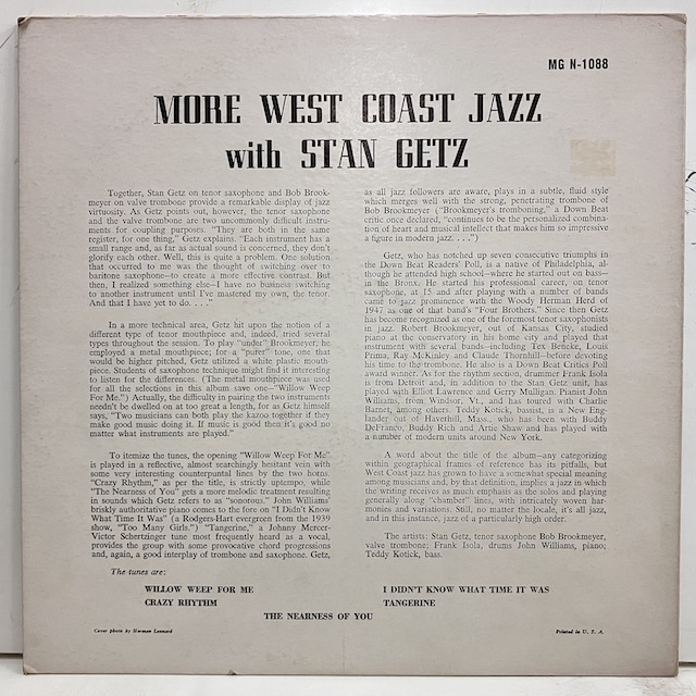 ●即決LP Stan Getz / More West Coast Jazz Mgn1088 j40653 米オリジナル、艶Norgran黄黒Tp/Dg Mono _画像2