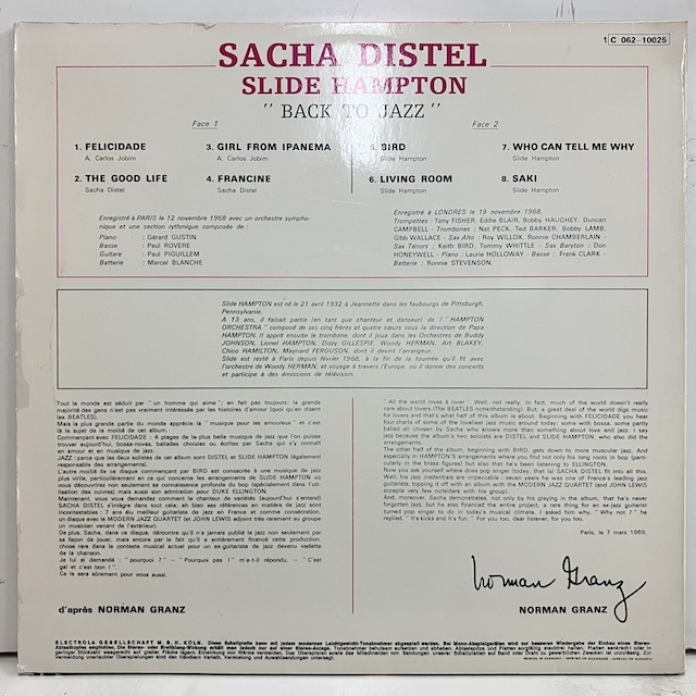 ●即決LP Sacha Distel With Slide Hampton / Back To Jazz 1C062-10025 ej4732 独69年プレス _画像2
