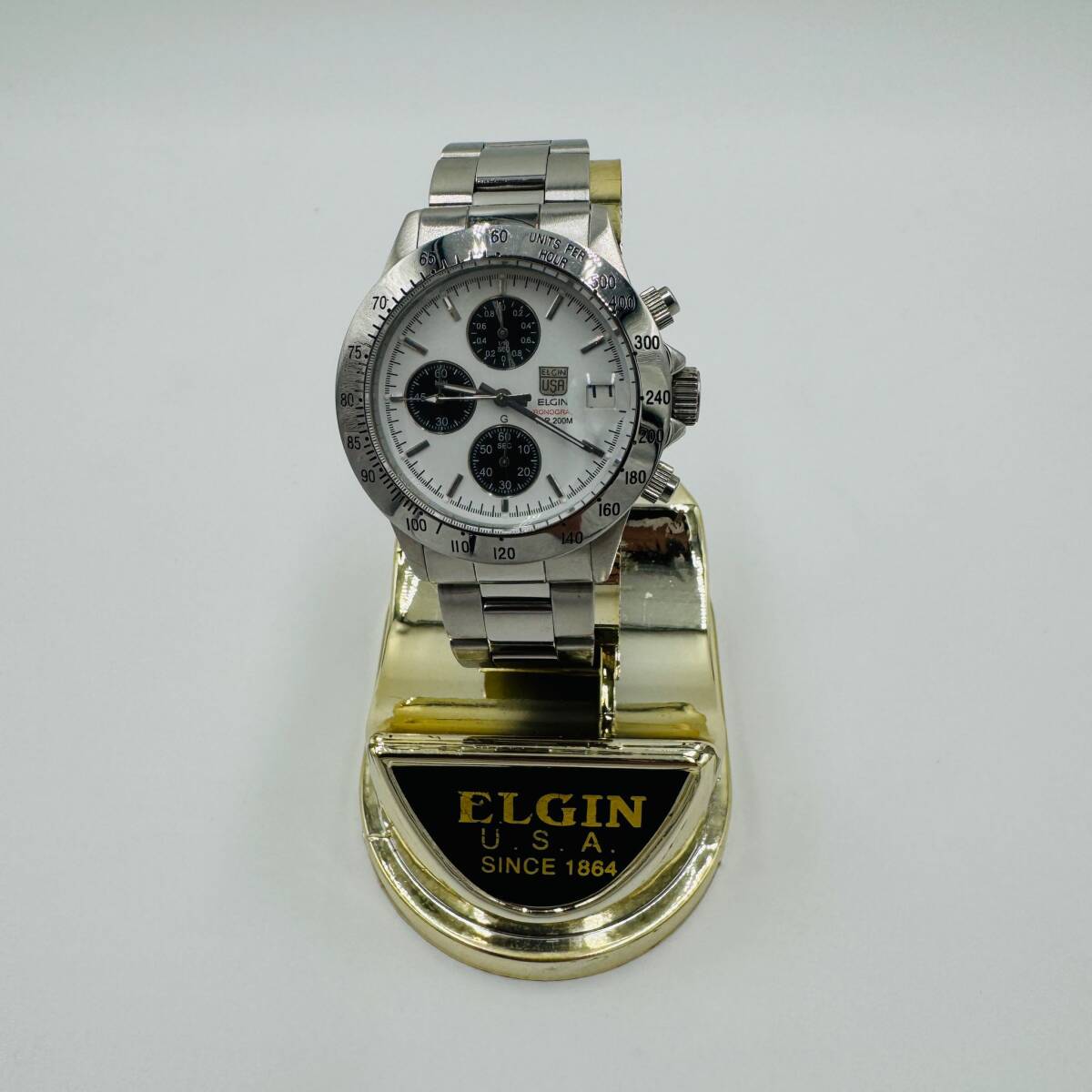 #225 ELGIN エルジン FK-1184-G 腕時計+ケース付き シルバー 白文字盤 クォーツ クロノグラフ 200M メンズの画像10