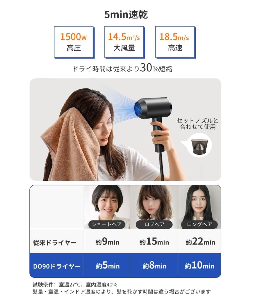 【2024新高速モーター・速乾】 ドライヤー 高濃度マイナスイオン 冷熱風 57℃恒温（ブラック）