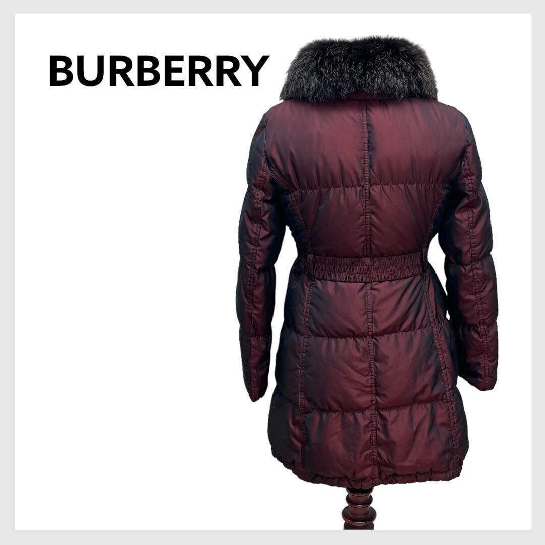 BURBERRY LONDON バーバリー ロンドン 裏地チェック柄 襟 フォックスファー ベルト付き ダウンコート レディース FS077-942-18