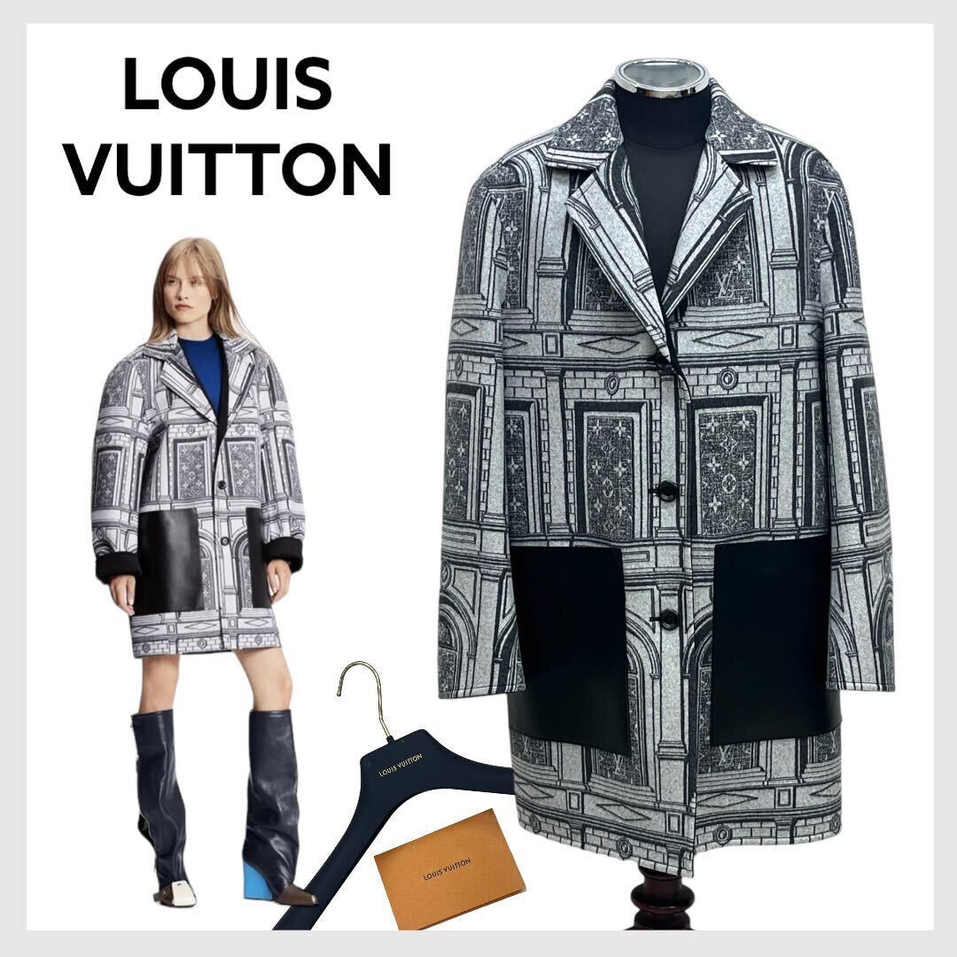 高級 ハンガー付き LOUIS VUITTON ルイヴィトン フォルナセッティ レザーポケット ウール リバーシブルコート レディース FLMA85 HY2_画像1