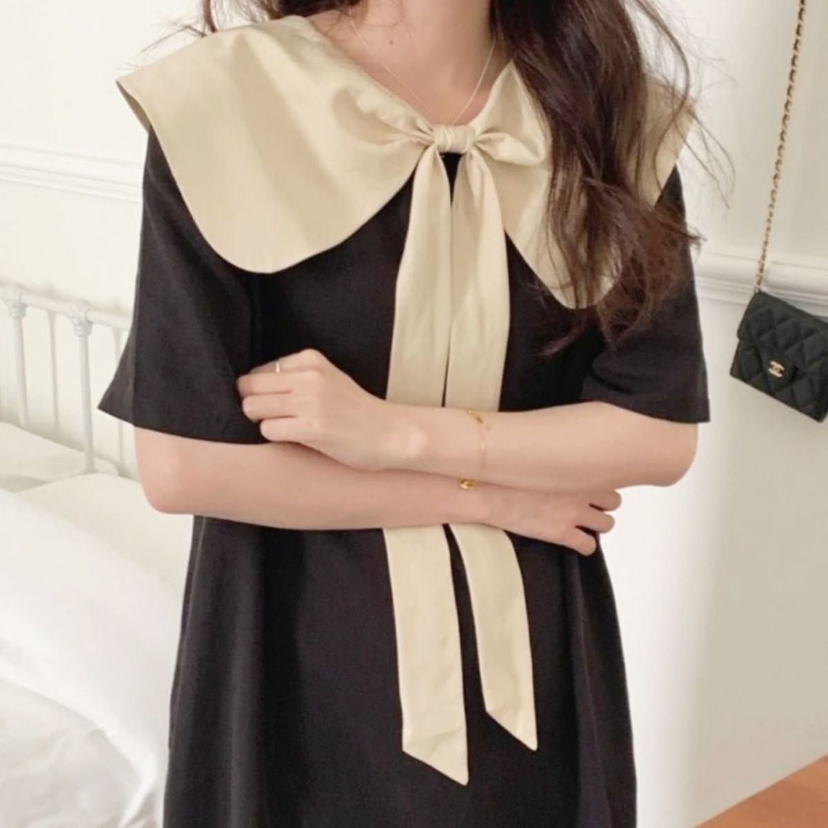 リボンワンピース ビッグカラー バックリボン 半袖 綺麗め 韓国 ブラック