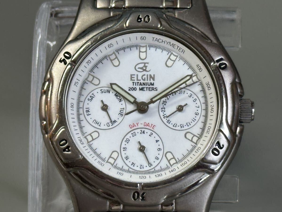 1円〜◇ELGIN エルジン TITANIUM チタン FK-954E 白文字盤 クォーツ メンズ腕時計 稼働品_画像1