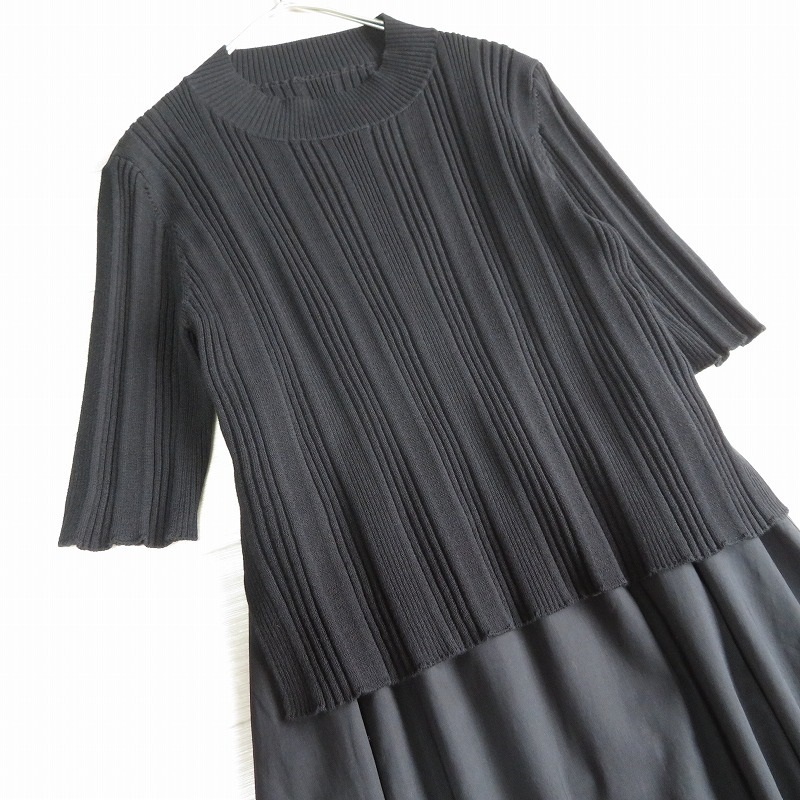 DAMA collectionda-ma коллекция * женский необычность материалы комбинированный чёрный ребра вязаный × 2 -слойный хлопок юбка Layered One-piece size M