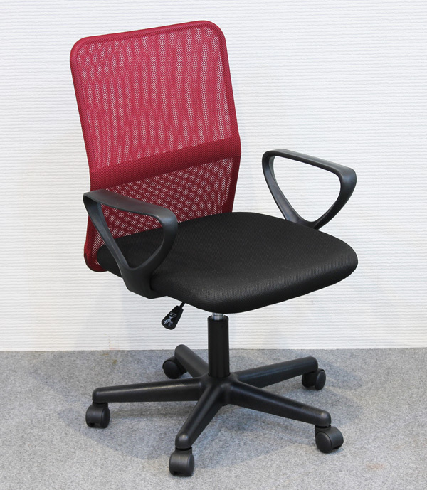 デスクチェア メッシュ張り 肘掛け付きオフィスチェアー レッド色（赤色） 回転事務椅子 JC-100_画像1
