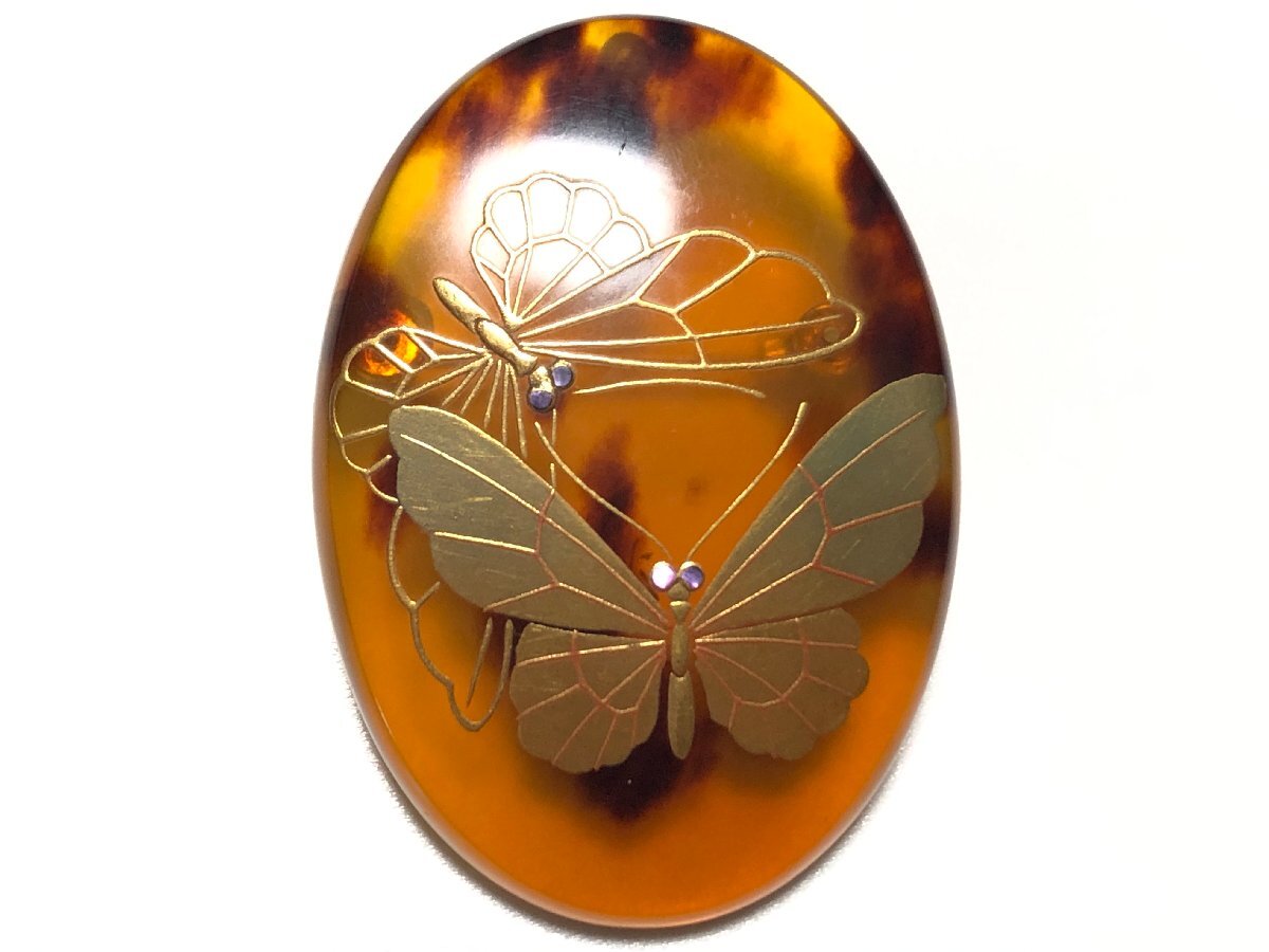  antique book@ tortoise shell gold lacqering mother-of-pearl 9.4g 2WAY author thing Matsuyama .. butterfly writing pendant top . brooch 