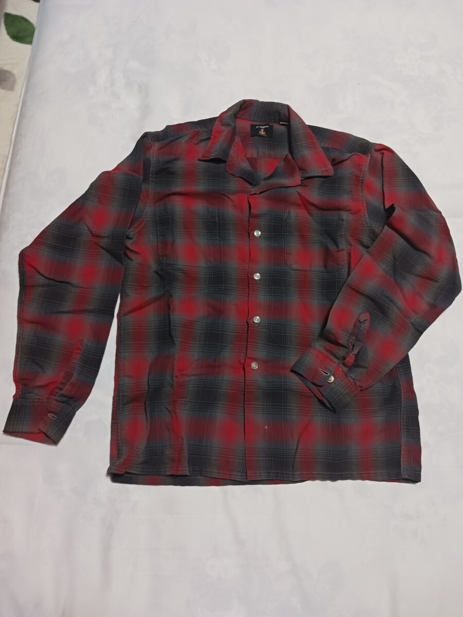 60S～ オープンカラーコットンシャツ 黒/赤 Sir William ビンテージ vintage 60年代 長袖シャツ オンブレ オープンカラーの画像1